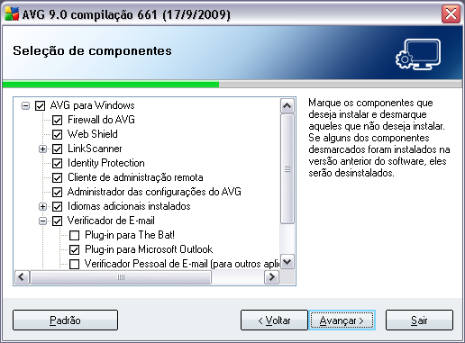 5.7. Instalação personalizada - Seleção de componentes A caixa de diálogoseleção do Componenteexibe uma visão geral de todos os componentes do que podem ser instalados.avg 9.
