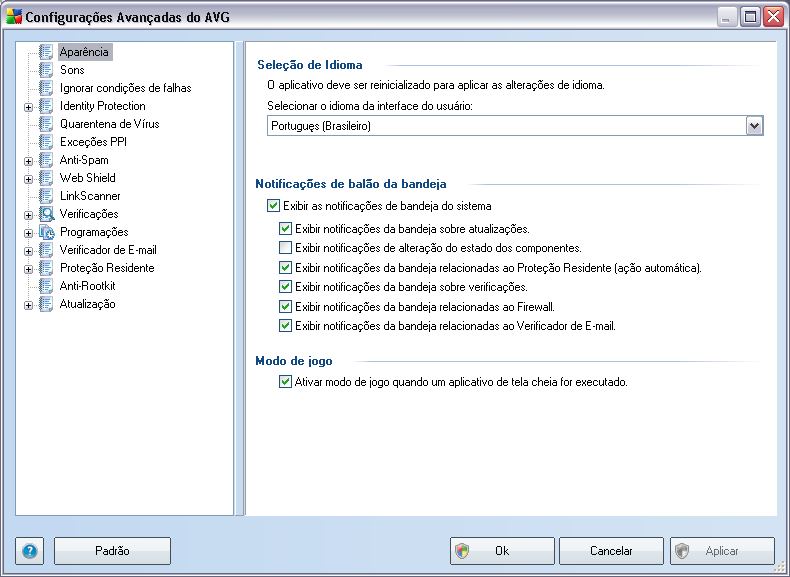 10. Configurações Avançadas do AVG A caixa de diálogo de configuração avançada do AVG 9.0 File Server é aberta em uma nova janela denominada Configurações Avançadas do AVG.
