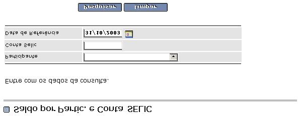 Abaixo segue a descrição dos campos da página: Participante: Nome do participante cujo saldo será consultado; Conta SELIC: Número da conta SELIC cujo saldo deve ser consultado.