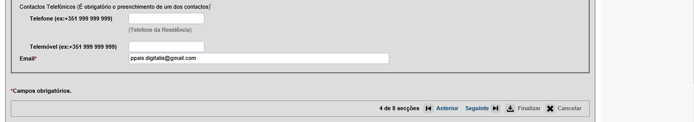 Nesta fase inicia-se o preenchimento de (i) dados pessoais, (ii) situação do candidato e (iii) os contactos. Neste passo deverá preencher todos os dados solicitados.