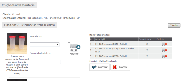 Após clicar no ícone Adicionar, o item é direcionado para Itens Selecionados. Os demais itens que não forem adicionados permanecerão na lista dos itens de coleta, como na Figura abaixo.