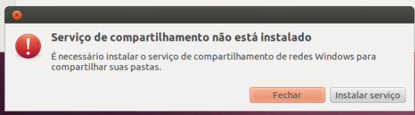 Opções de compartilhamento de pastas Ao ativar o compartilhamento de pastas, o sistema avisará a ausência do serviço SAMBA, que poderá ser instalado automaticamente Após a