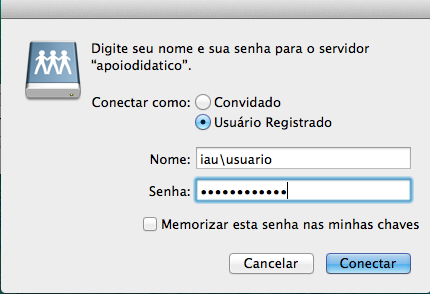 b) No campo Endereço do Servidor, digitar smb://nomedoservidor, no caso smb://apoiodidatico e clicar em Conectar c) O sistema exibirá uma janela de autenticação.