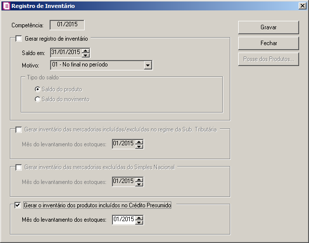 1. Selecione o quadro Gerar o inventário dos produtos incluídos no Crédito Presumido, para habilitar o campo Mês do levantamento dos estoques.