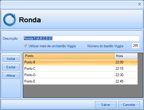 b) Configurar a Ronda, informando o ponto de ronda e horário para a Ronda 1( A,B,C,D,E) e para a Ronda 2