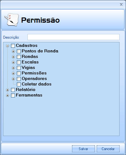 Informe a descrição da permissão e marque os itens a qual esse grupo terá acesso