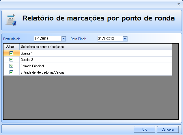 6.5.3 Relatório de Marcações por Ponto de Ronda Exibe as marcações por ponto de ronda dentro de um determinado período, trazendo as informações do ponto(s) de ronda selecionado pelo usuário e em