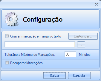 6.6.4 Configuração Esta opção permite configurações gerais como gravar marcação em arquivo texto, definindo o caminho e lay-out customizado, definir a tolerância máxima de marcações e a recuperar