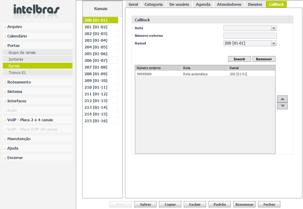 Inserindo números na lista de callback do ramal atendedor do juntor GSM 5.