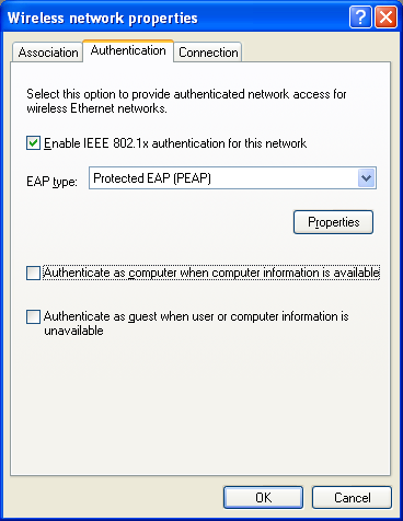 6. Active a autenticação IEEE802.1X. Mude o tipo de EAP para EAP protegido(peap). Garanta que as duas opções em baixo estão desmarcadas como demonstra a figura.