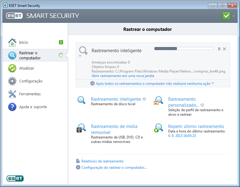 programa. Assim que uma atualização mais nova tiver sido instalada, o ESET Smart Security exibirá uma notificação na área da bandeja do sistema e na janela principal do programa.