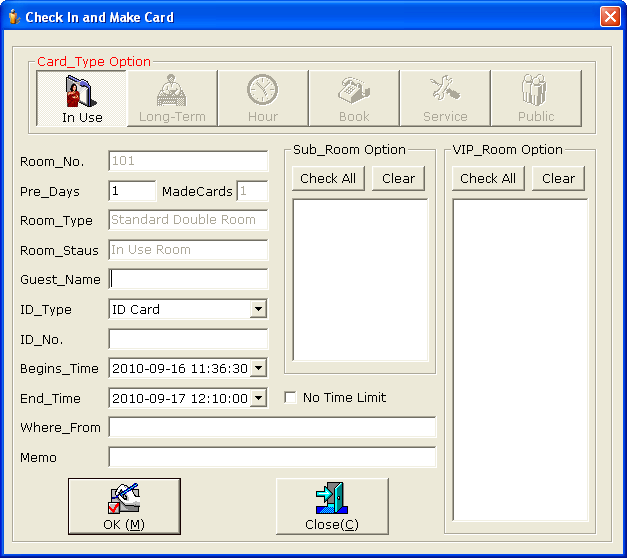 MENU 3.1. Fazer cartão e Check In : Fazer duplo click no ícone de um quarto disponível na lista de quartos. Com isto abre-se uma janela que permite configurar um ou vários cartões para este quarto. 3.2.