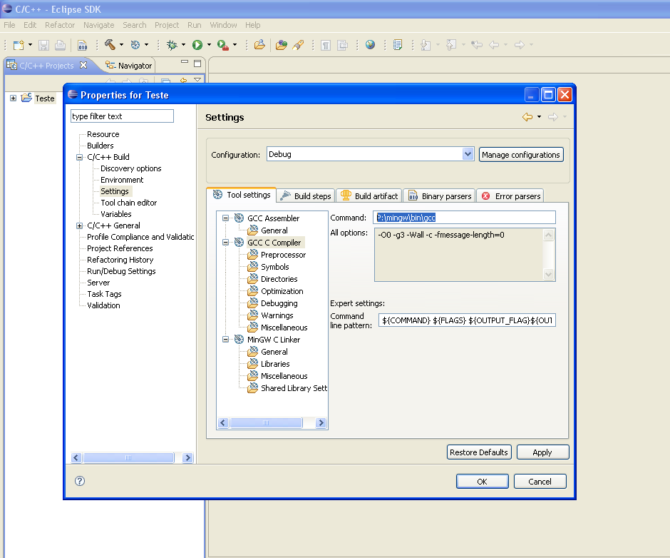 Configurando o projeto Clique no + de C/C ++ Build, selecione a opção Settings.