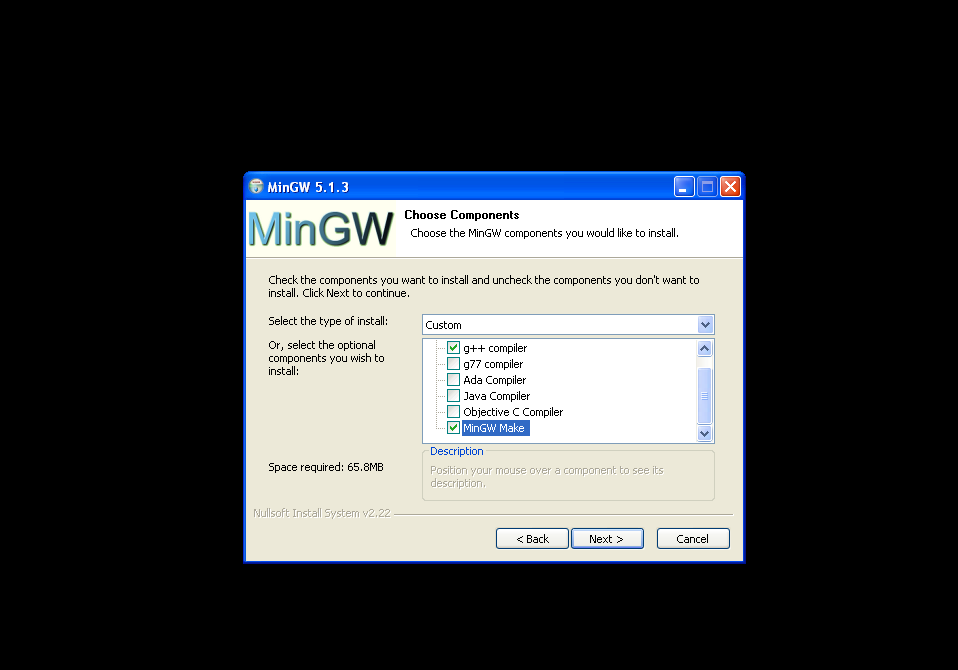 Instalando o compilador Execute o MinGW, vá clicando em next até aparecer a tela ao lado. Marque as opções g++ compiler e MinGW make.