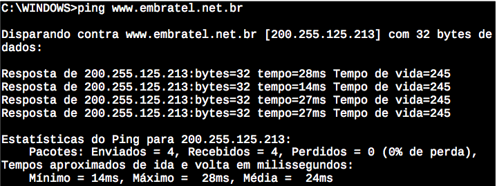 18 Opções: -t Dispara contra o host especificado até ser interrompido. Para ver estatísticas e continuar, pressione CTRL-Break; para terminar, pressione CRTL-C.