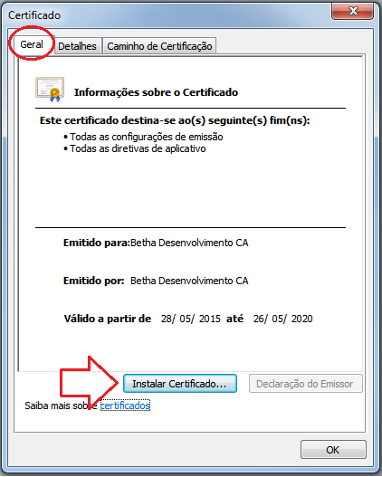 O botão Atualizar certificado somente será exibido na versão 2.0.