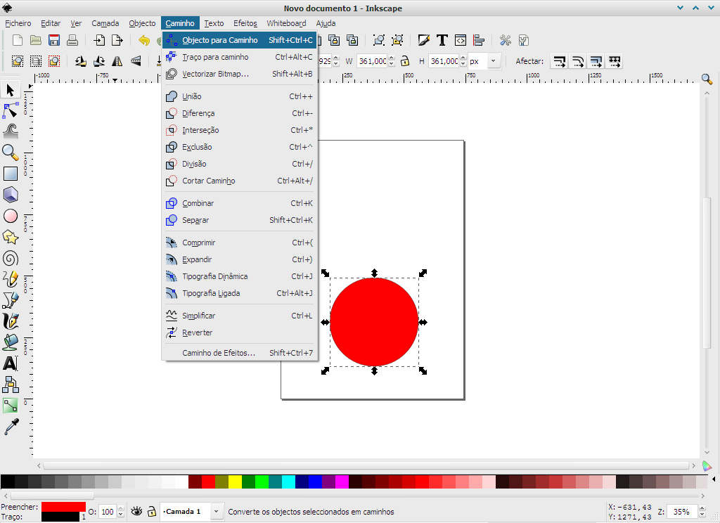 3 De seguida, quando estiver satisfeito com o seu círculo, aceda ao menu Caminho e seleccione a opção Objecto para
