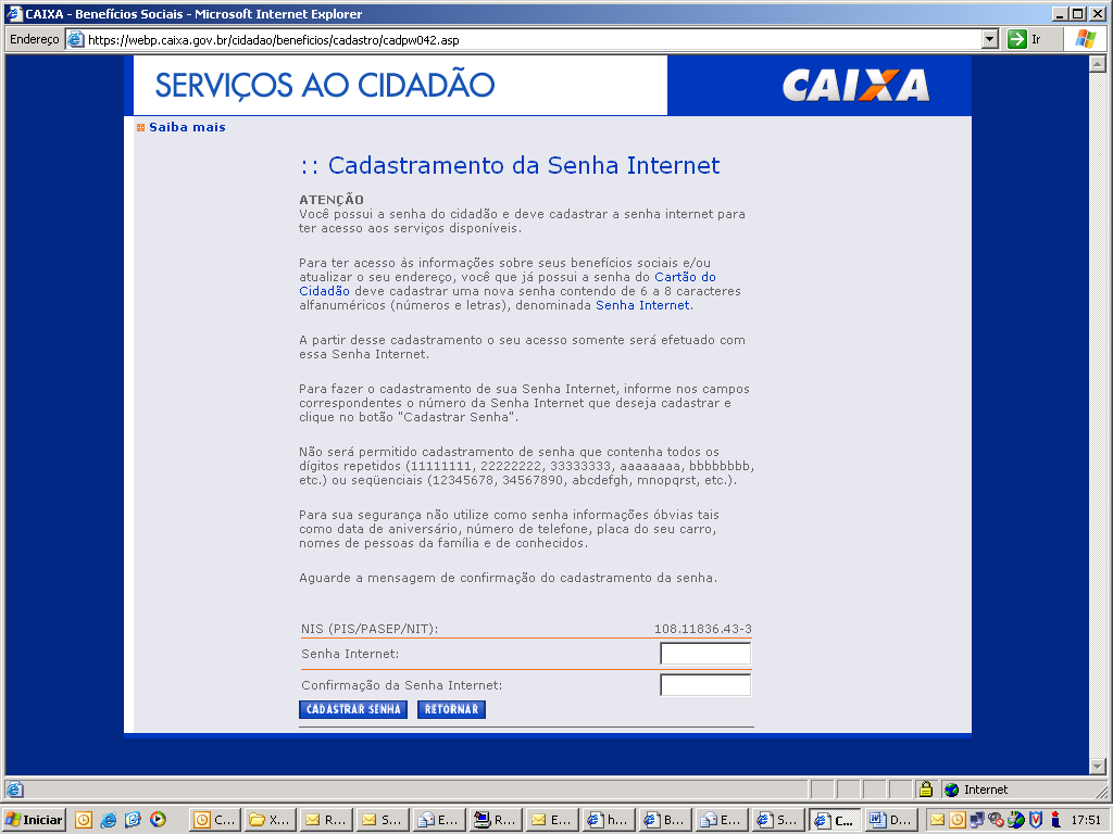 Tela 16 Cadastrando senha Internet - Sistema de Benefícios ao Cidadão 9.