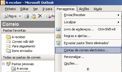 correio electrónico (E-mail accounts ): Seleccione a opção Ver ou alterar contas de correio electrónico existentes (View ou