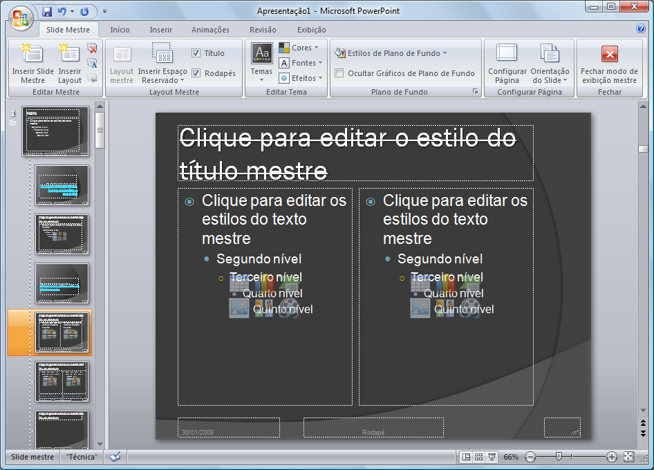 P á g i n a 7 mestre, como, por exemplo, o tamanho da fonte que é usada como título nos slides. Algumas configurações como datas, número do slide.