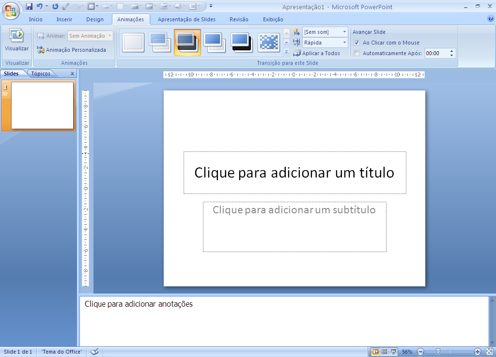 Para inserir uma animação basta clicar uma vez no objeto (palavra ou figura), assim ficara habilitado o botão 1. Na seqüência clique no botão 2 e selecione o efeito desejado.