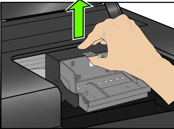 2 Pressione a trava do cartucho de tinta com os dedos polegar e indicador e levante-a do cabeçote de impressão. Remova os dois cartuchos de tinta.
