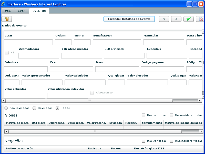 Funções dos botões contidos na parte superior direita da interface: Troca as guias contidas na interface. Valida as revisões e reconsiderações feitas na interface.