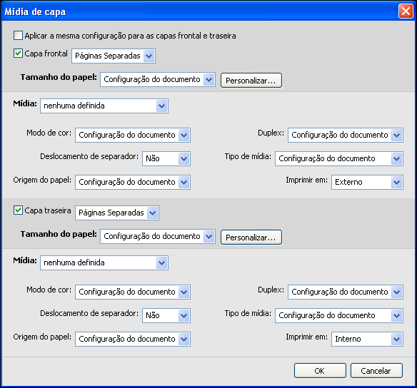 COMMAND WORKSTATION 21 PARA DEFINIR CONFIGURAÇÕES DE MÍDIA DE CAPA 1 Na caixa de diálogo Mídia mista, clique em Definir capa. A caixa de diálogo Mídia de capa é exibida.