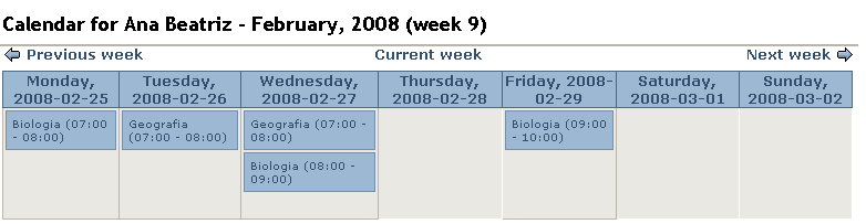 e senha (password) o aluno ou professor logo vê na tela o seu calendário com as respectivas aulas agendadas.