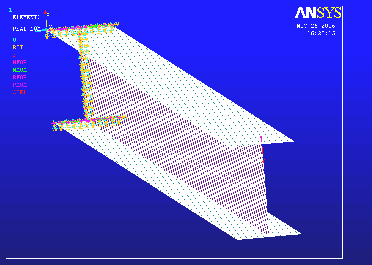 Assim, aplicamos as restrições e os carregamentos. As linhas do perfil de uma das extremidades foram restringidas em todas as direções e rotações, simulando o engaste.