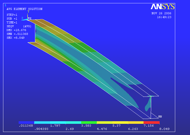 O computador gastou 92 segundos para calcular a solução e encontrou os seguintes resultados para tensão e deslocamento no perfil: Figura 7 Resultado de tensões na viga (Critério de Von Misses