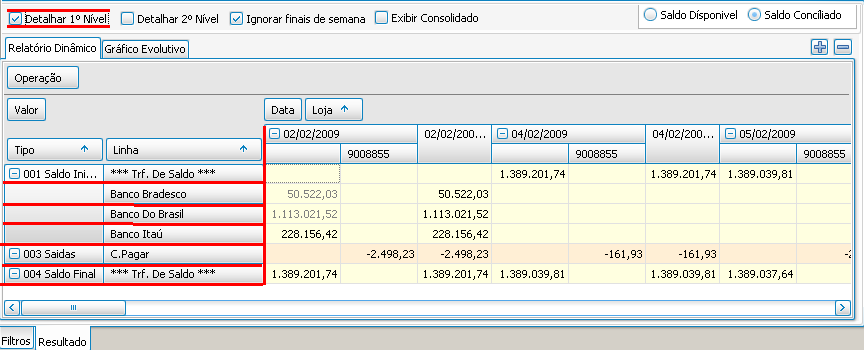 Na aba Gráfico Evolutivo temos o acompanhamento do fluxo.