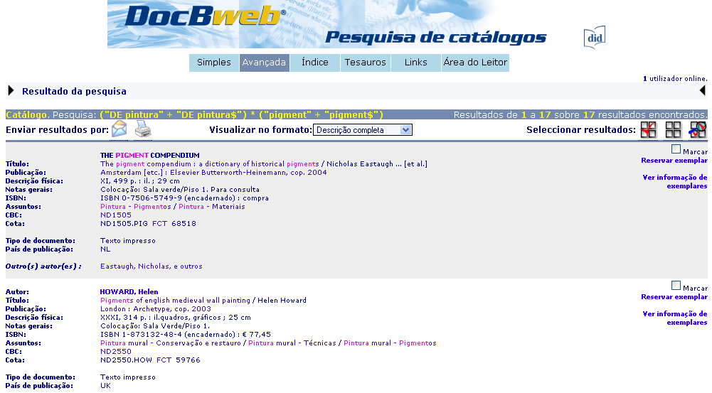 pesquisa por Assunto pintura E análise resulta uma listagem de 17 documentos,