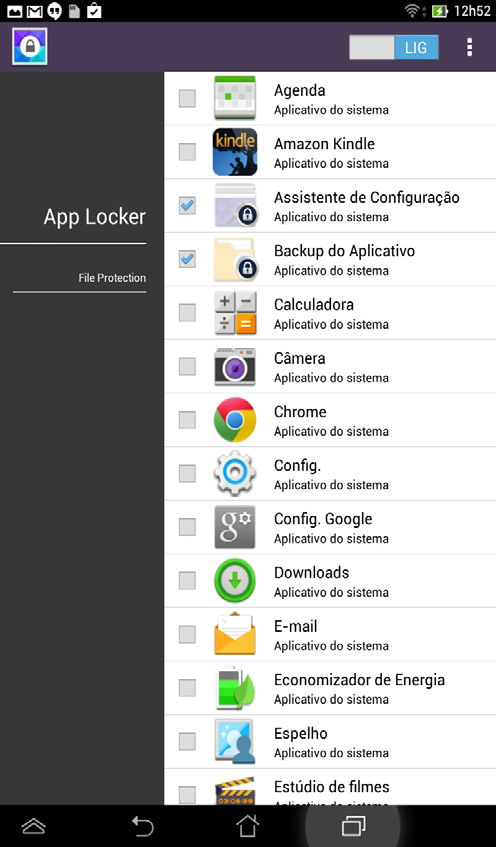 Tela do App Locker Mova a barra de controle para a direita para ativar a lista de aplicativos. Toque neste ícone para abrir as configurações do App Locker.