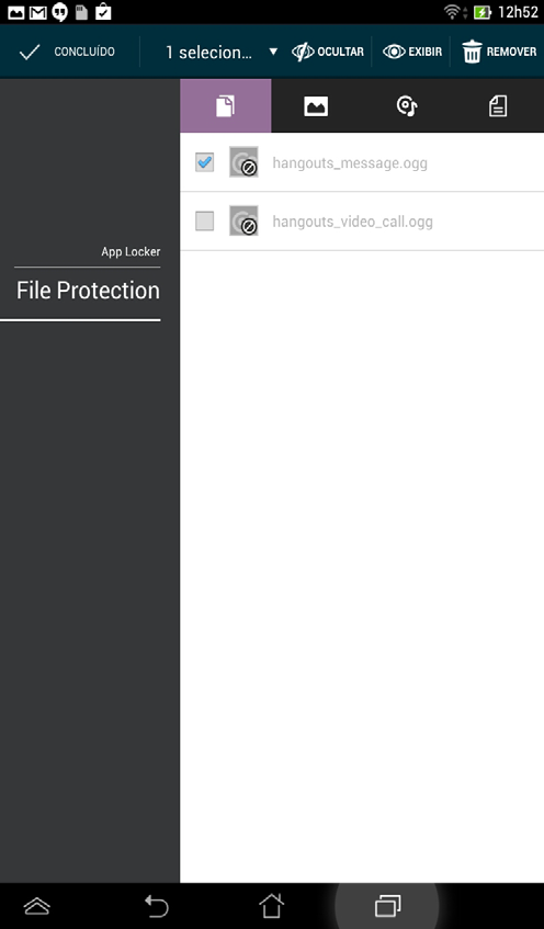 Tela de Proteção de Arquivo Barra de ferramentas Guias de tipo de arquivo Lista de arquivos protegido Usando Proteção de Arquivo Para usar Proteção de Arquivo: 1.