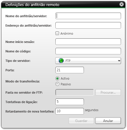 Vista Geral de Opções do Nero BackItUp 3. Seleccione a caixa de selecção Activar servidores FTP. 4. Clique no botão Novo. A janela Definições do Anfitrião Remoto é aberta.