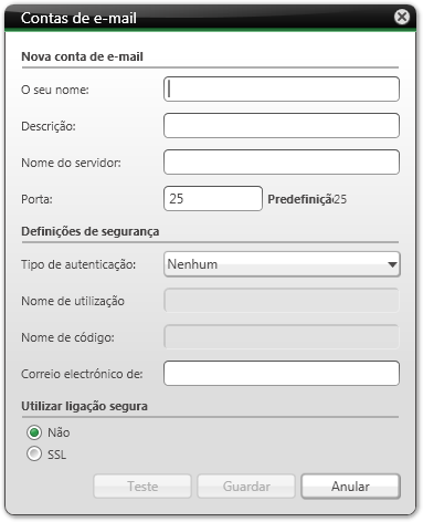 Vista Geral de Opções do Nero BackItUp 5. Introduza um nome no campo de entrada O seu nome. 6. Introduza uma descrição no campo de introdução Descrição. Contas de e-mail 7.
