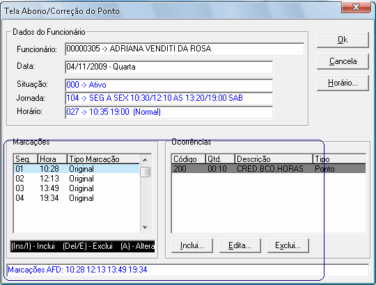 5. Tela de Abono/Correção: No menu de Abono/Correção foi implementado no rodapé uma barra de status com as marcações originais AFD (Arquivo Fonte de Dados) do coletor.