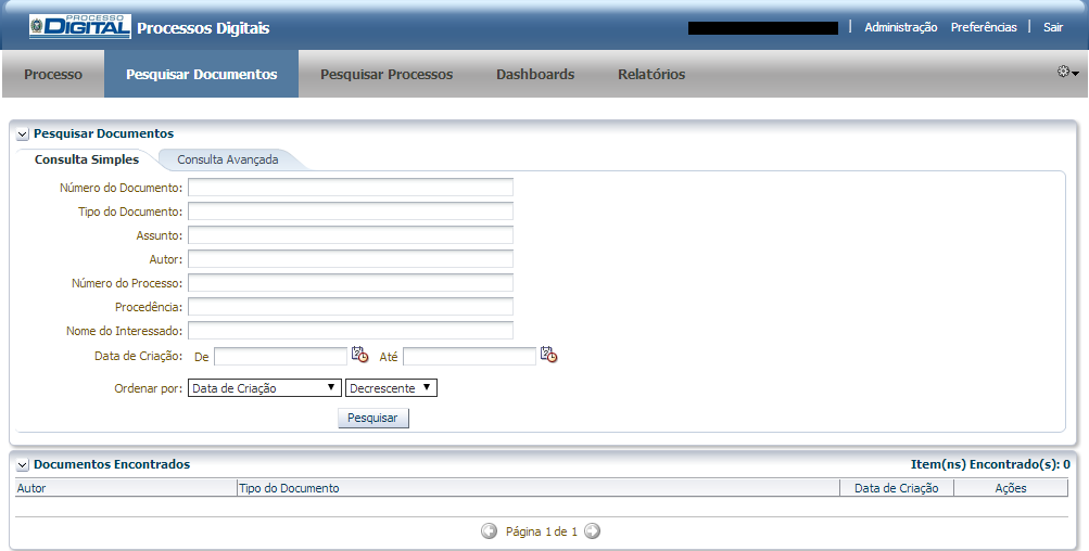 5 Pesquisa de Documentos e Processos No menu horizontal da tela principal, é apresentada a opção Pesquisar Documentos.