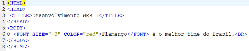 4.8 - Estilos de Textos: Um TAG muito importante na linguagem HTML é o TAG <font>. Ele determina a cor, tamanho e tipo da fonte. Primeiramente vamos ver como mudar o tamanho e tipo da fonte. 4.8.1 - Atributo SIZE: O tamanho da fonte, em HTML, varia de 1 (menor) a 7 (maior).