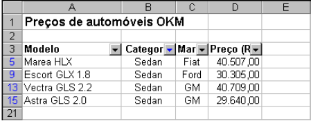 Planilha Preços de Automóveis 1. Selecione o intervalo de dados (A3:D20); 2. No menu Dados clique em Filtrar e em AutoFiltro. Surgirão botões ao lado de cada título de coluna; 3.