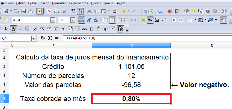 e) Escolhida a função TAXA, completar as caixas com o valor de cada célula correspondente: NPER - número de parcelas; PGTO - valor das parcelas; VP - valor do preço à vista.