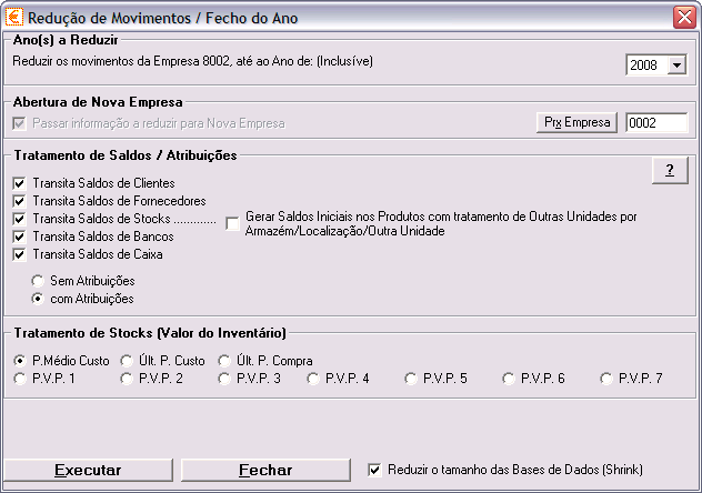 VII. Fecho de Ano (modalidades) WEuroGest > Utilitários > Bases de Dados > Redução de Mov. / Fecho de Ano Comecemos por seleccionar o ano para encerramento, que deverá ser 2008.