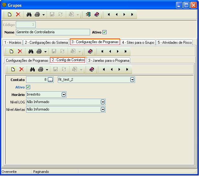Voltando para o cadastro de Grupos de Usuário, selecione o guia Configurações de Programas e pesquise por MSN Messenger e ao encontrar, selecione a sub-guia Config.