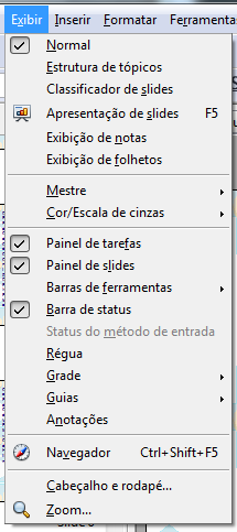 Menu Exibir: Normal: Exibe o documento na maneira tradicional. Estrutura de Tópico: Exibem os documentos em tópicos. Classificação de Slides: Exibe os slides expandindo o menu de edição.