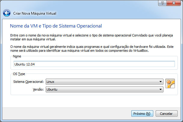 Após clicar no botão Próximo(N), a caixa de diálogo que será exibida será a de criação da máquina virtual. Será solicitado um nome, um tipo de sistema operacional (OS Type) e uma versão.