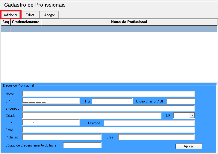 Após o cadastro do profissional, clicar no botão Aplicar.