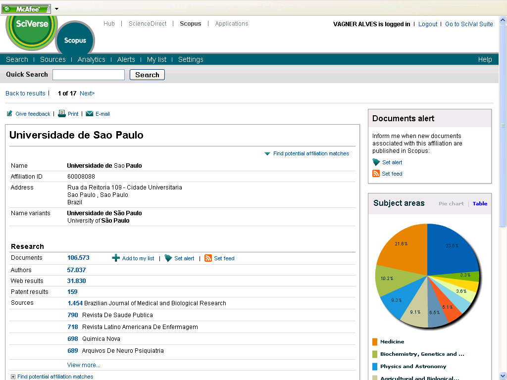 Visualização do perfil da instituição NOME DO USUÁRIO O perfil apresenta informações detalhadas sobre a instituição: variações do nome, endereço, número