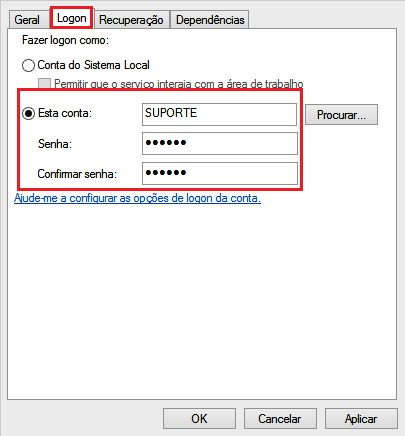 Configurando Serviço no Windows Na aba Logon como sugestão use uma conta cadastrada no Windows, como exemplo a conta Suporte com a senha