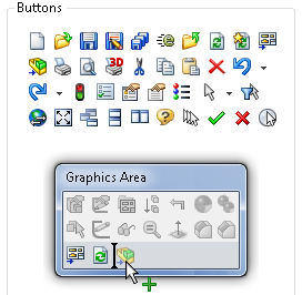 Interface do usuário 3. Selecione uma categoria de comando. 4. Em Botões, arraste um botão de barra de ferramentas para a barra de ferramentas. O software colocará o botão após os botões padrão. 5.